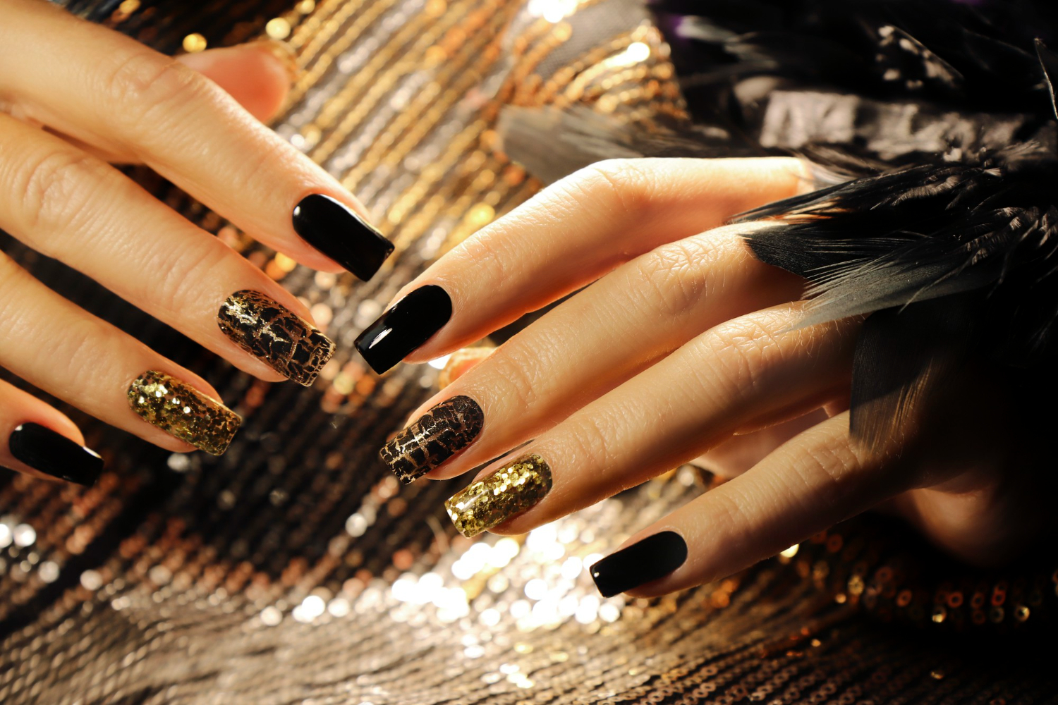 holiday-manicure-long-square-nails-with-golden-sequins-black-shiny-nail-polish-craquelure-matte-black-coating